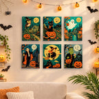 Six finished Classic Monster Moon mini paintings hung on a wall above a table