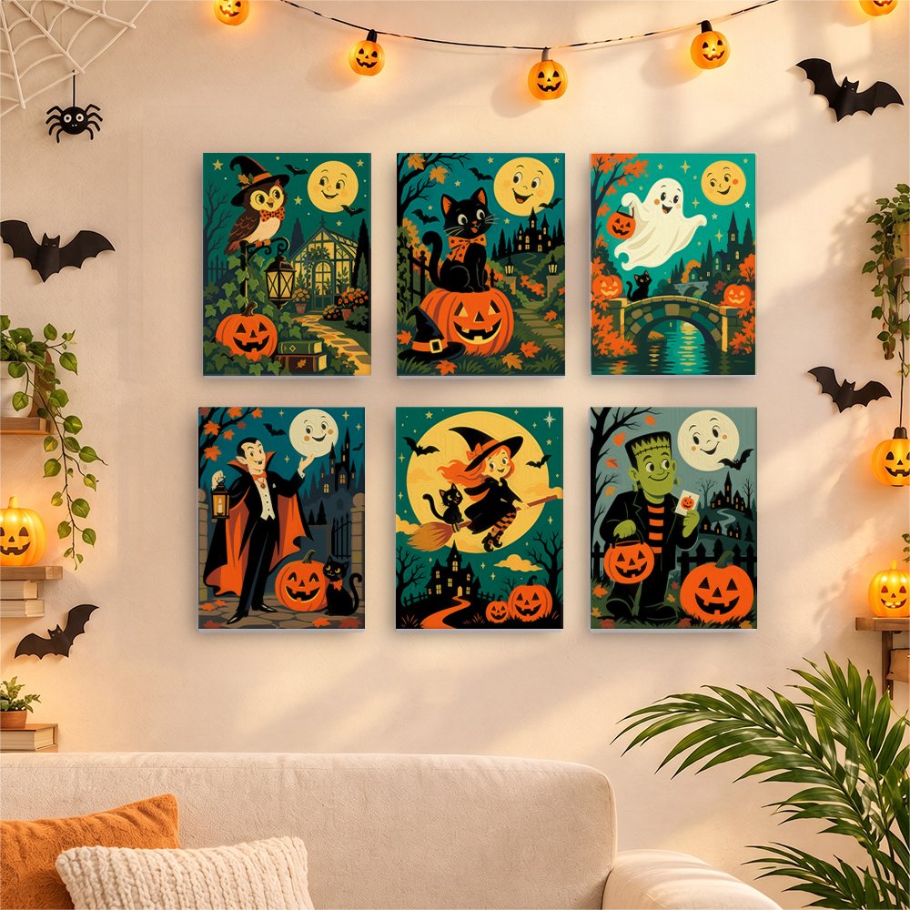 Six finished Classic Monster Moon mini paintings hung on a wall above a table
