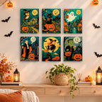 Classic Monster Moon mini paintings displayed as a gallery wall in a sunny kitchen