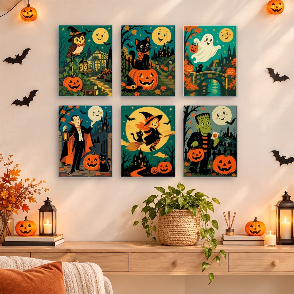 Classic Monster Moon mini paintings displayed as a gallery wall in a sunny kitchen