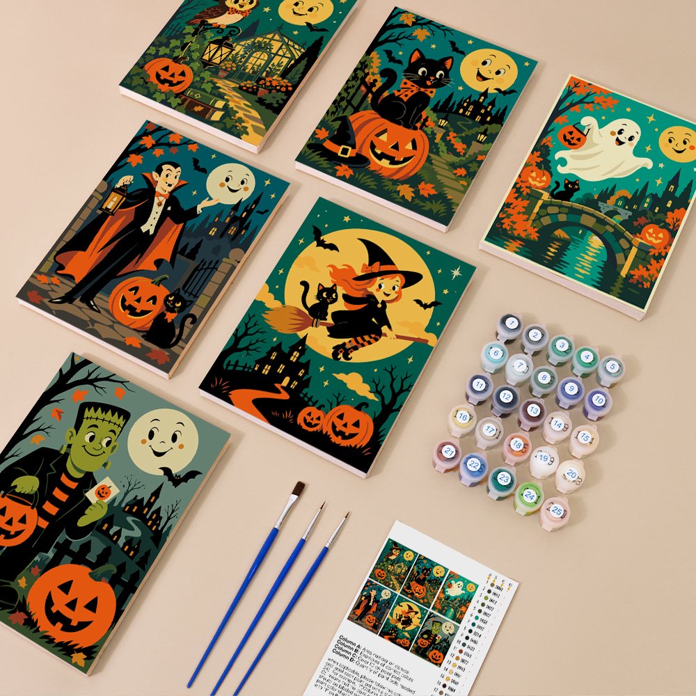 Classic Monster Moon mini paint by numbers kit with six numbered canvases, acrylic paints, brushes and layout