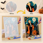 Before and after of a Classic Monster Moon mini paint by numbers canvas