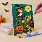 Painting a Classic Monster Moon mini canvas propped up beside numbered acrylic paints