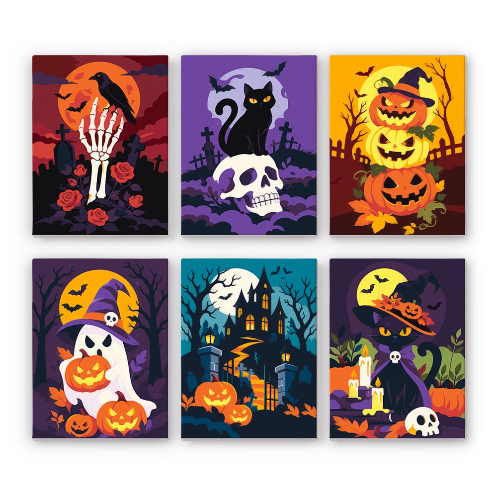 Classic Spooky Nights mini paint by numbers set: six classic Halloween night scenes with a skeleton hand, black cats, jack-o'-lanterns, a ghost and a haunted house