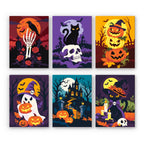 Classic Spooky Nights mini paint by numbers set: six classic Halloween night scenes with a skeleton hand, black cats, jack-o'-lanterns, a ghost and a haunted house