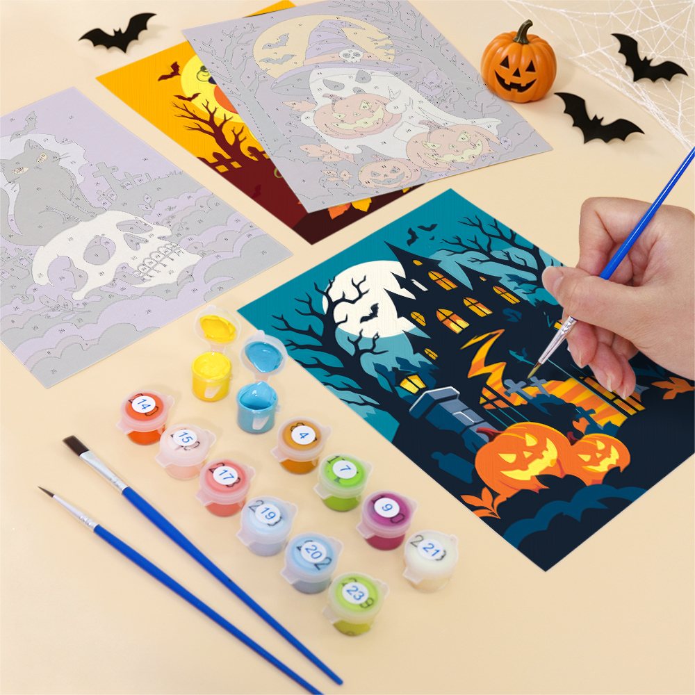 Filling in a Classic Spooky Nights mini canvas with numbered acrylic paints and a fine brush