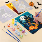 Filling in a Classic Spooky Nights mini canvas with numbered acrylic paints and a fine brush