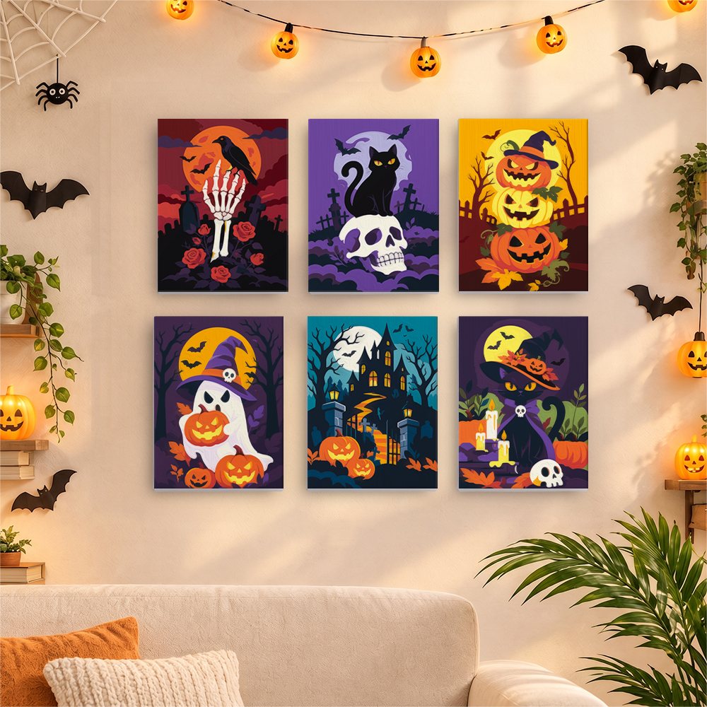 Six finished Classic Spooky Nights mini paintings hung on a wall above a table