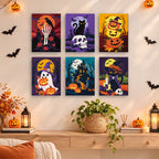 Classic Spooky Nights mini paintings displayed as a gallery wall in a sunny kitchen