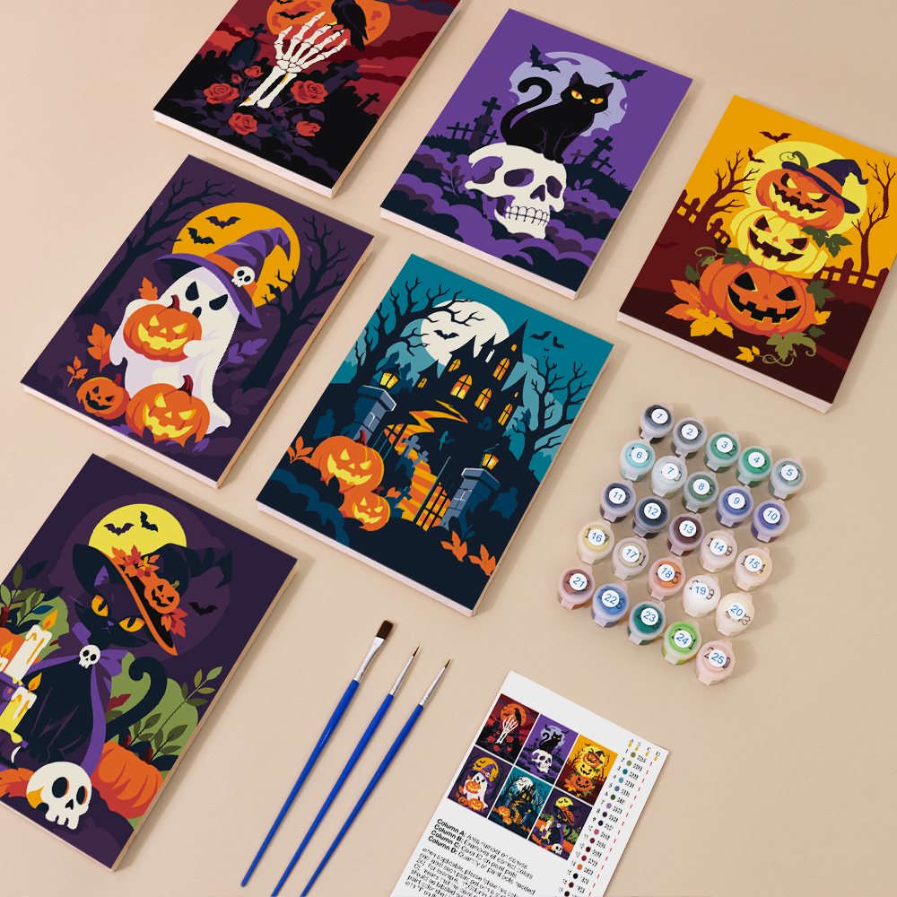 Classic Spooky Nights mini paint by numbers kit with six numbered canvases, acrylic paints, brushes and layout