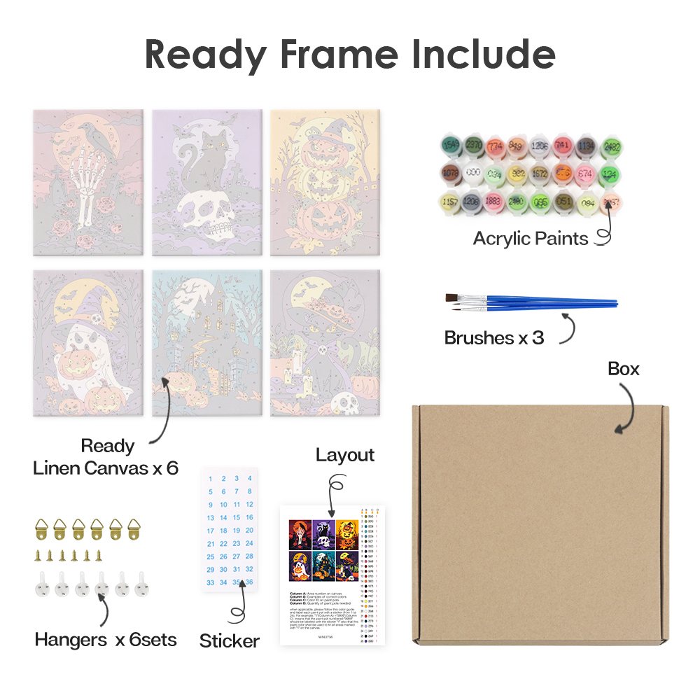 What's included pre-stretched on frame: six framed Classic Spooky Nights mini canvases, paints, three brushes, hangers and layout