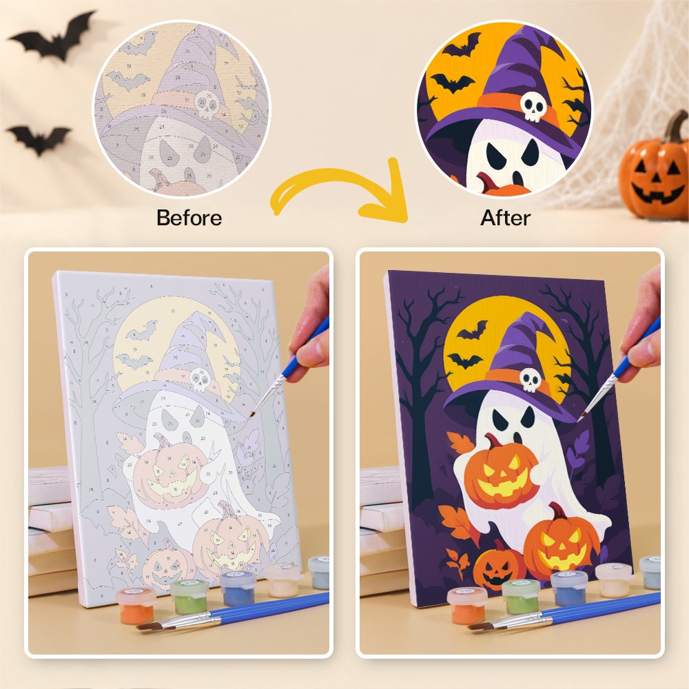 Before and after of a Classic Spooky Nights mini paint by numbers canvas