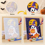 Before and after of a Classic Spooky Nights mini paint by numbers canvas