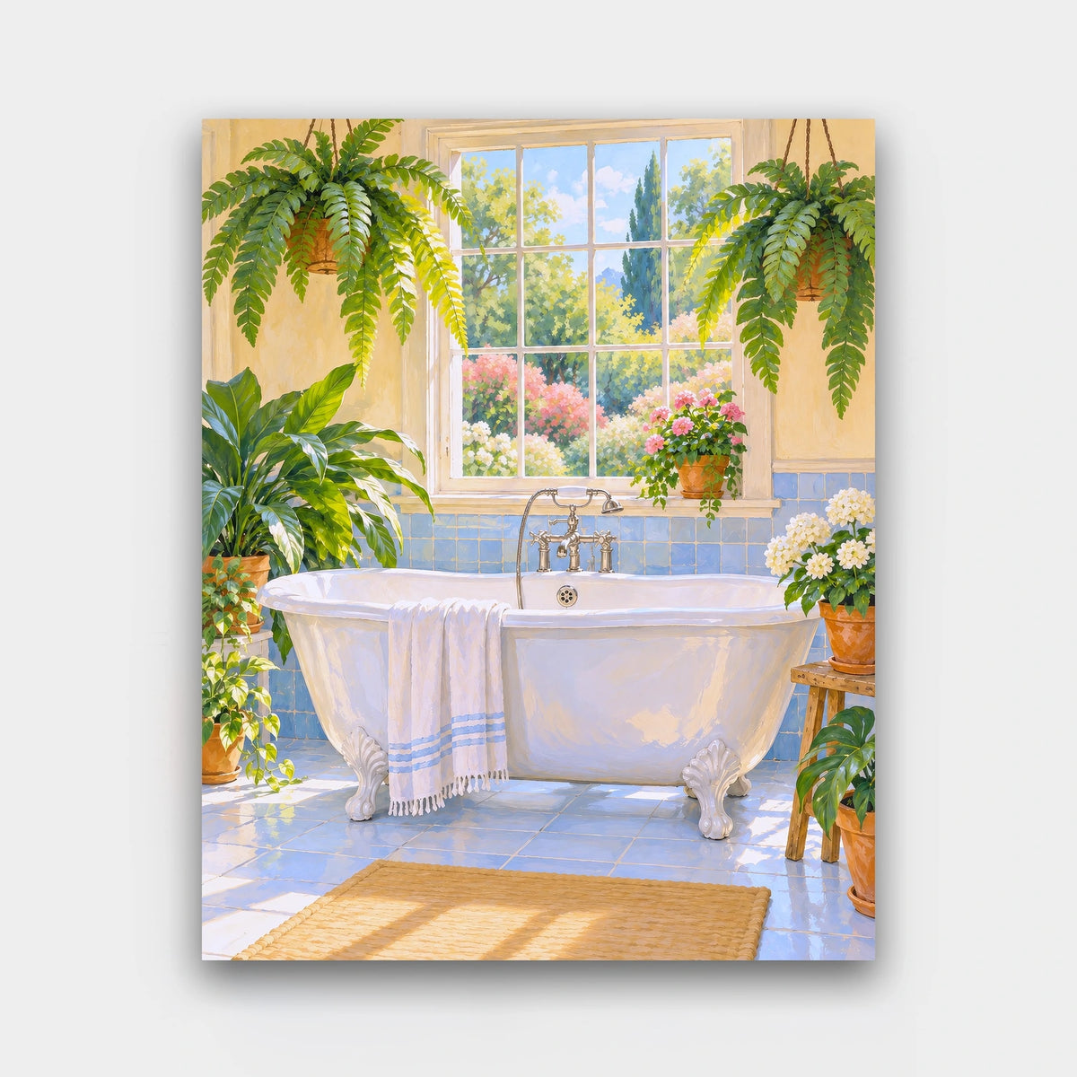 Clawfoot Tub and Ferns paint by numbers kit of a white clawfoot tub in a sunlit bathroom with hanging ferns and plants