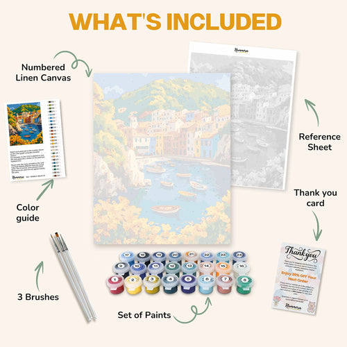 What's included in the Cliffside Haven paint by numbers kit: numbered linen canvas, reference sheet, color guide, 24 acrylic paints, 3 brushes and thank you card