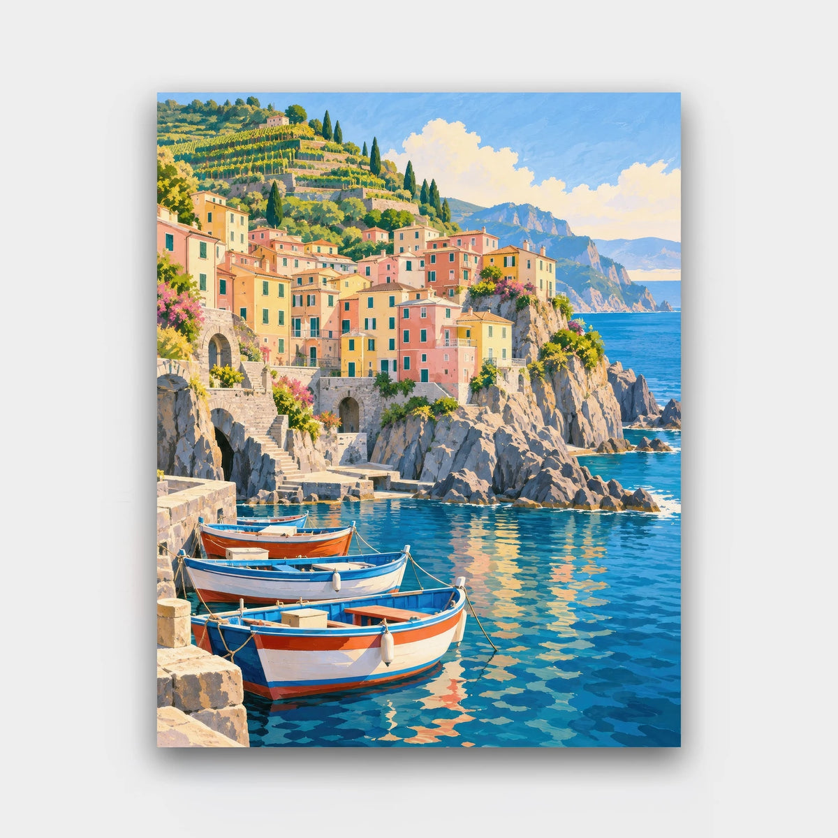Cliffside Village Harbor paint by numbers kit of colorful cliffside houses above a harbor with wooden boats and terraced vineyards