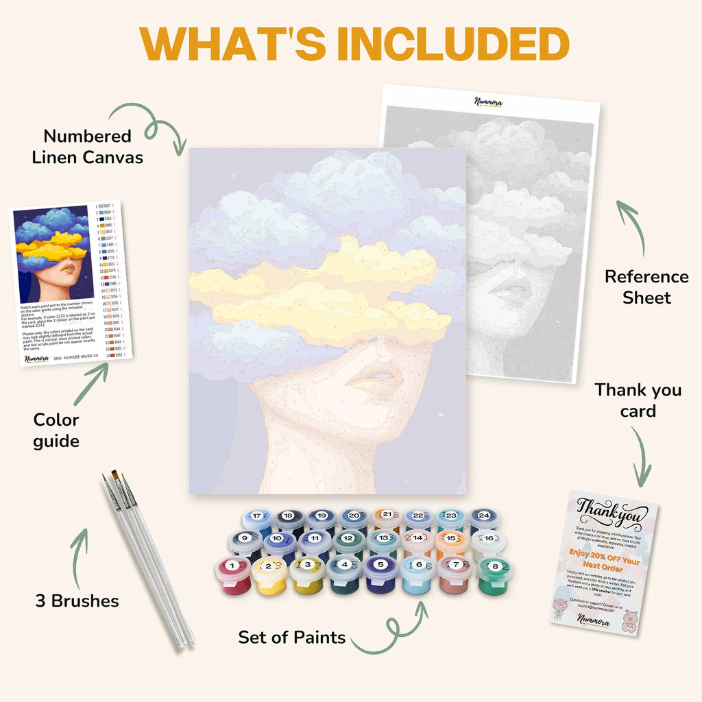 What's included in the Clouded Thoughts paint by numbers kit: numbered linen canvas, reference sheet, color guide, 24 acrylic paints, 3 brushes and thank you card