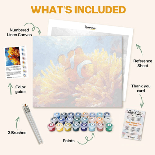 What's included in the Clownfish Haven paint by numbers kit: numbered linen canvas, reference sheet, color guide, 24 acrylic paints, 3 brushes and thank you card