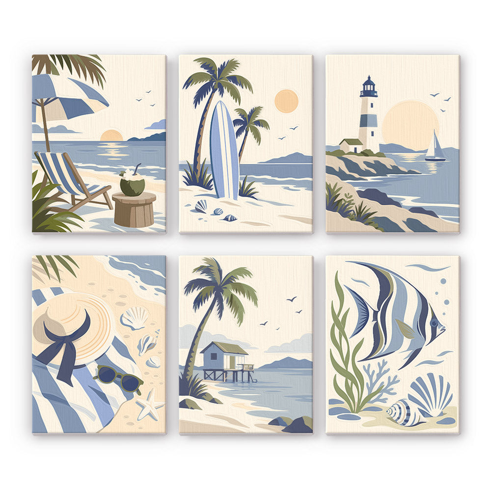 Coastal Blues mini paint by numbers set: six soft blue beach designs with a deck chair, surfboard, lighthouse and angelfish