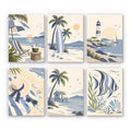 Coastal Blues mini paint by numbers set: six soft blue beach designs with a deck chair, surfboard, lighthouse and angelfish