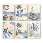 Coastal Blues mini paint by numbers set: six soft blue beach designs with a deck chair, surfboard, lighthouse and angelfish