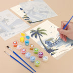Filling in a Coastal Blues mini canvas with numbered acrylic paints and a fine brush