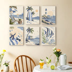 Coastal Blues mini paintings displayed as a gallery wall in a sunny kitchen
