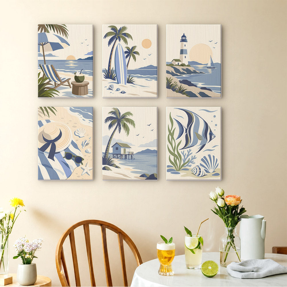 Coastal Blues mini paintings displayed as a gallery wall in a sunny kitchen