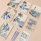 Coastal Blues mini paint by numbers kit with six numbered canvases, acrylic paints, brushes and layout