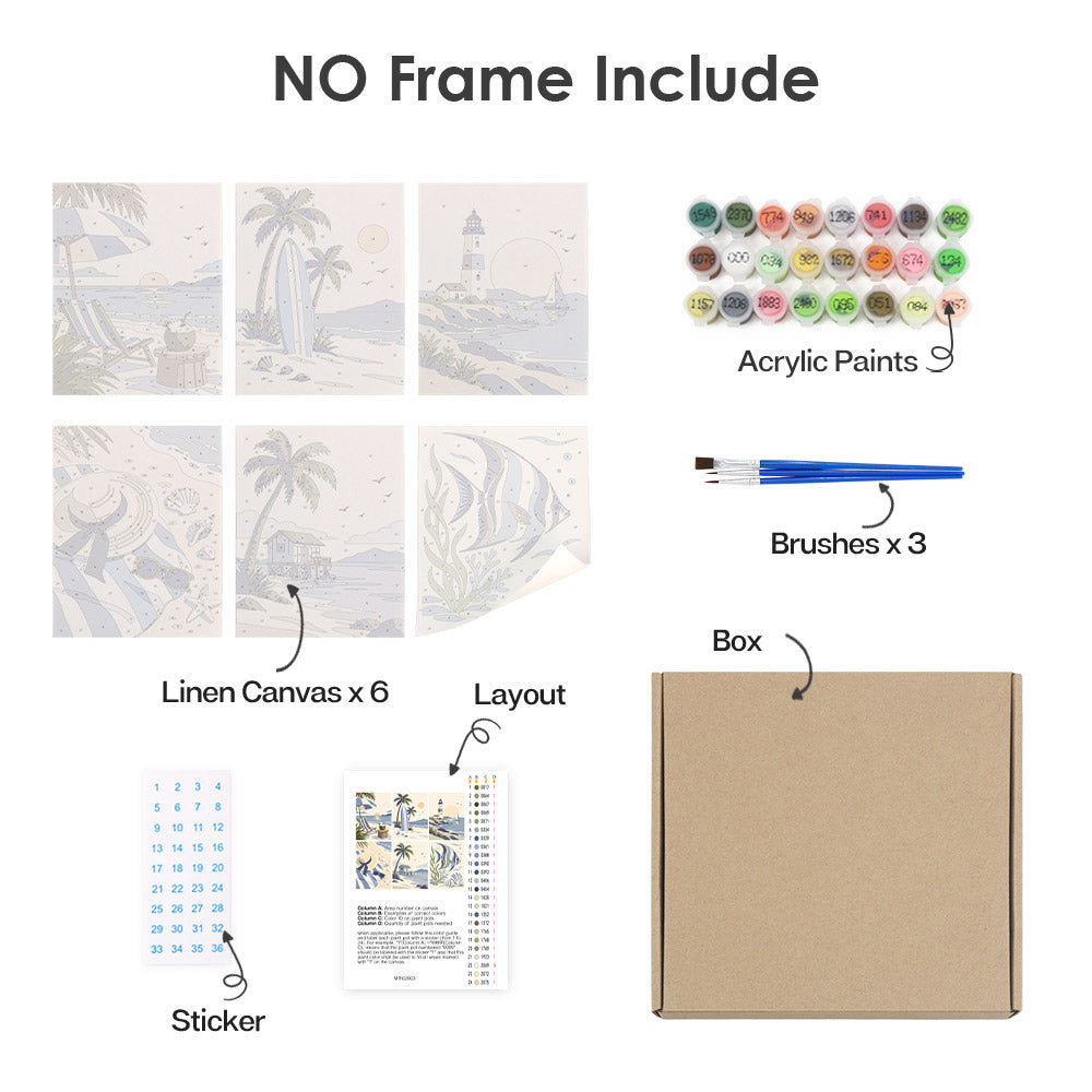 What's included without a frame: six rolled Coastal Blues mini canvases, acrylic paints, three brushes and layout