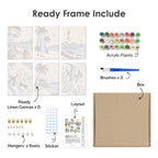 What's included pre-stretched on frame: six framed Coastal Blues mini canvases, paints, three brushes, hangers and layout