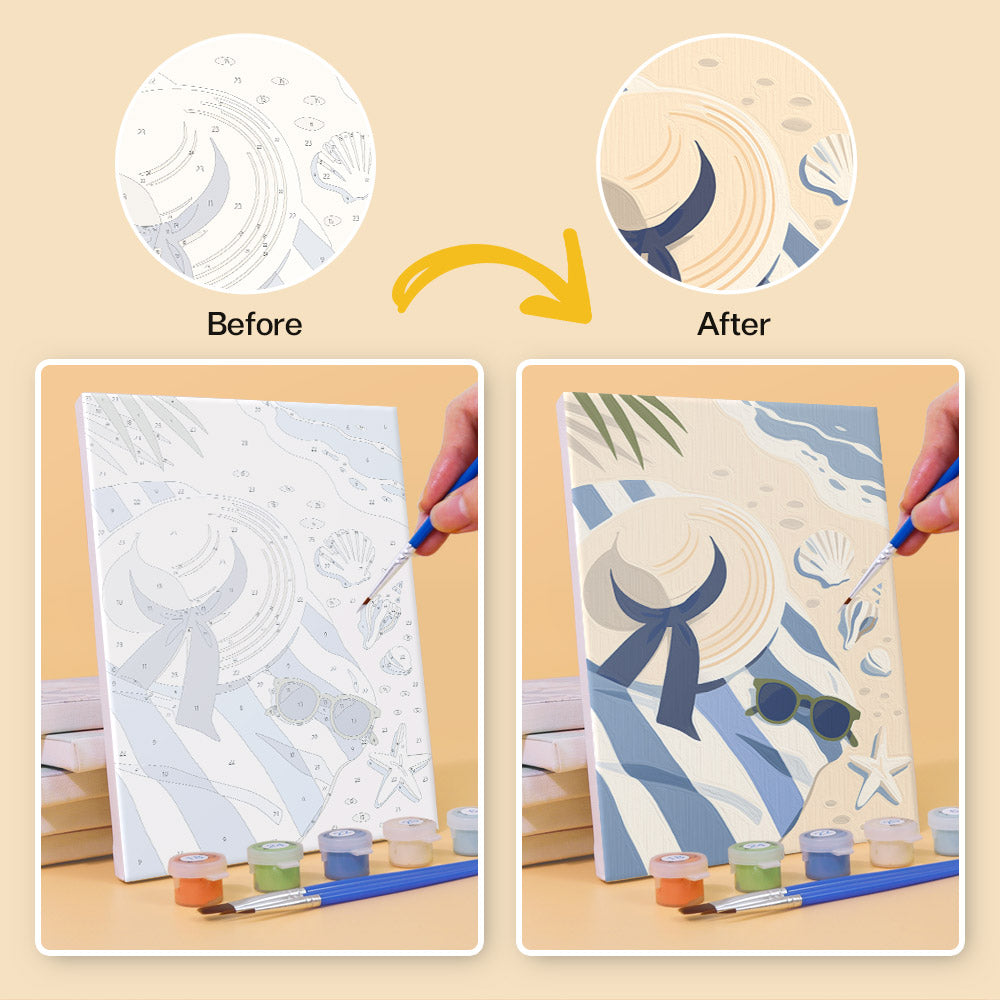 Before and after of a Coastal Blues mini paint by numbers canvas