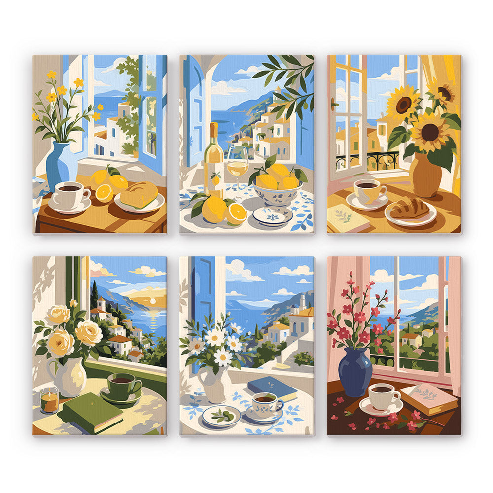 Coastal Breakfast mini paint by numbers set: six sea-view tables with coffee, lemons, pastries and flowers by open windows