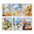 Coastal Breakfast mini paint by numbers set: six sea-view tables with coffee, lemons, pastries and flowers by open windows