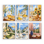 Coastal Breakfast mini paint by numbers set: six sea-view tables with coffee, lemons, pastries and flowers by open windows