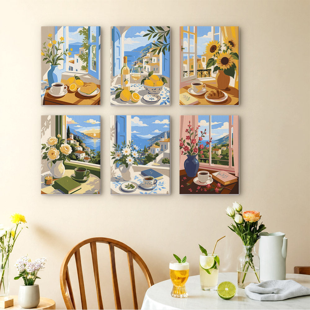Coastal Breakfast mini paintings displayed as a gallery wall in a sunny kitchen