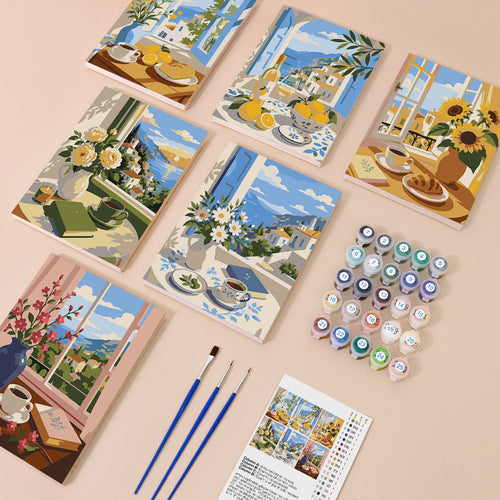 Coastal Breakfast mini paint by numbers kit with six numbered canvases, acrylic paints, brushes and layout