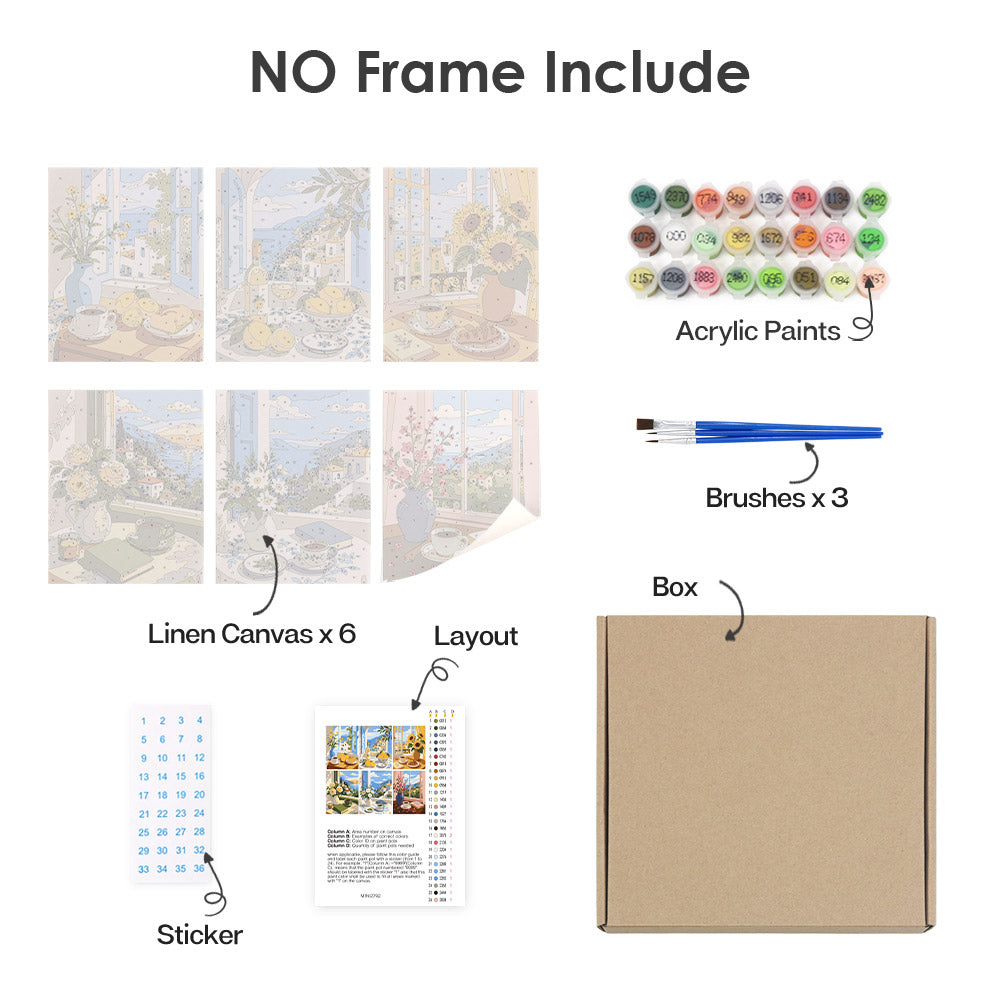 What's included without a frame: six rolled Coastal Breakfast mini canvases, acrylic paints, three brushes and layout