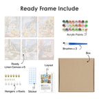 What's included pre-stretched on frame: six framed Coastal Breakfast mini canvases, paints, three brushes, hangers and layout