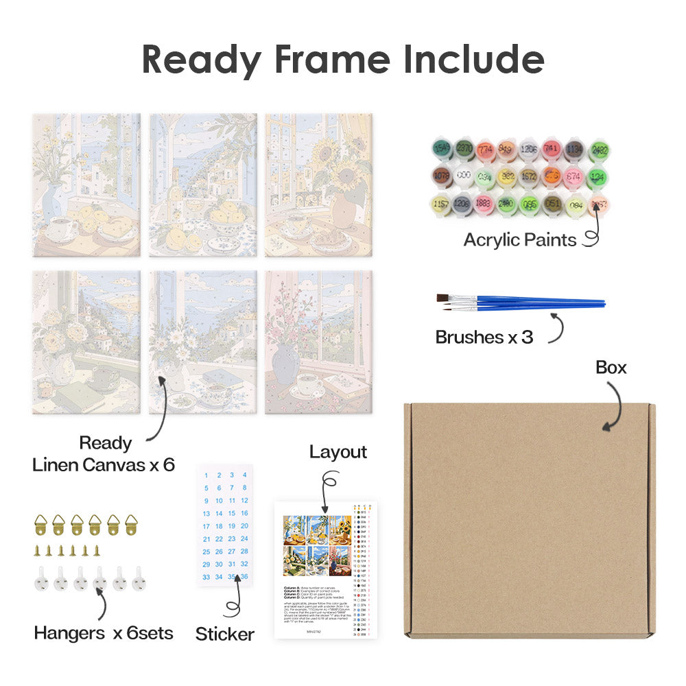 What's included pre-stretched on frame: six framed Coastal Breakfast mini canvases, paints, three brushes, hangers and layout