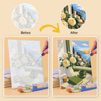 Before and after of a Coastal Breakfast mini paint by numbers canvas