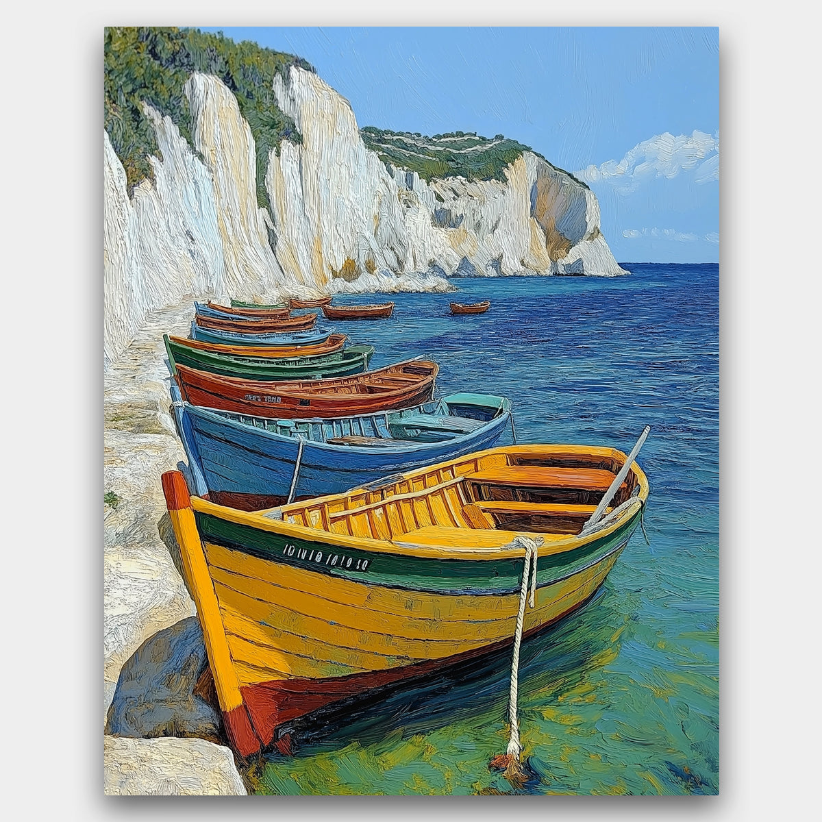 Painting of colorful boats on a coastal scene with cliffs and blue sky.