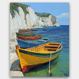 Painting of colorful boats on a coastal scene with cliffs and blue sky.