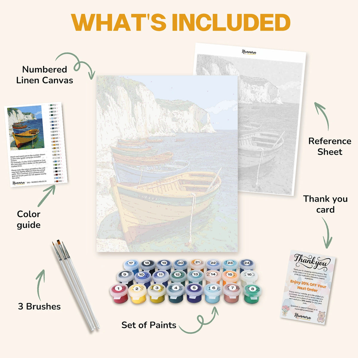 What's included in the Coastal Rest paint by numbers kit: numbered linen canvas, reference sheet, color guide, 24 acrylic paints, 3 brushes and thank you card