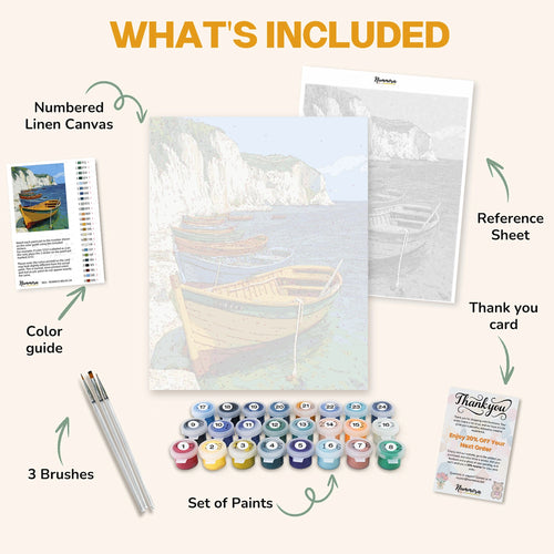 What's included in the Coastal Rest paint by numbers kit: numbered linen canvas, reference sheet, color guide, 24 acrylic paints, 3 brushes and thank you card