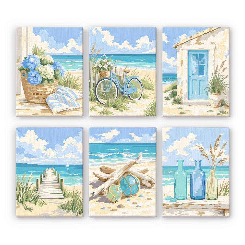 Coastal Whites mini paint by numbers set: six designs of hydrangeas, a bicycle, a cottage door, boardwalk, driftwood and sea glass