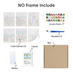 What's included without a frame: six rolled Coastal Whites mini canvases, acrylic paints, three brushes and layout