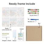 What's included pre-stretched on frame: six framed Coastal Whites mini canvases, paints, three brushes, hangers and layout