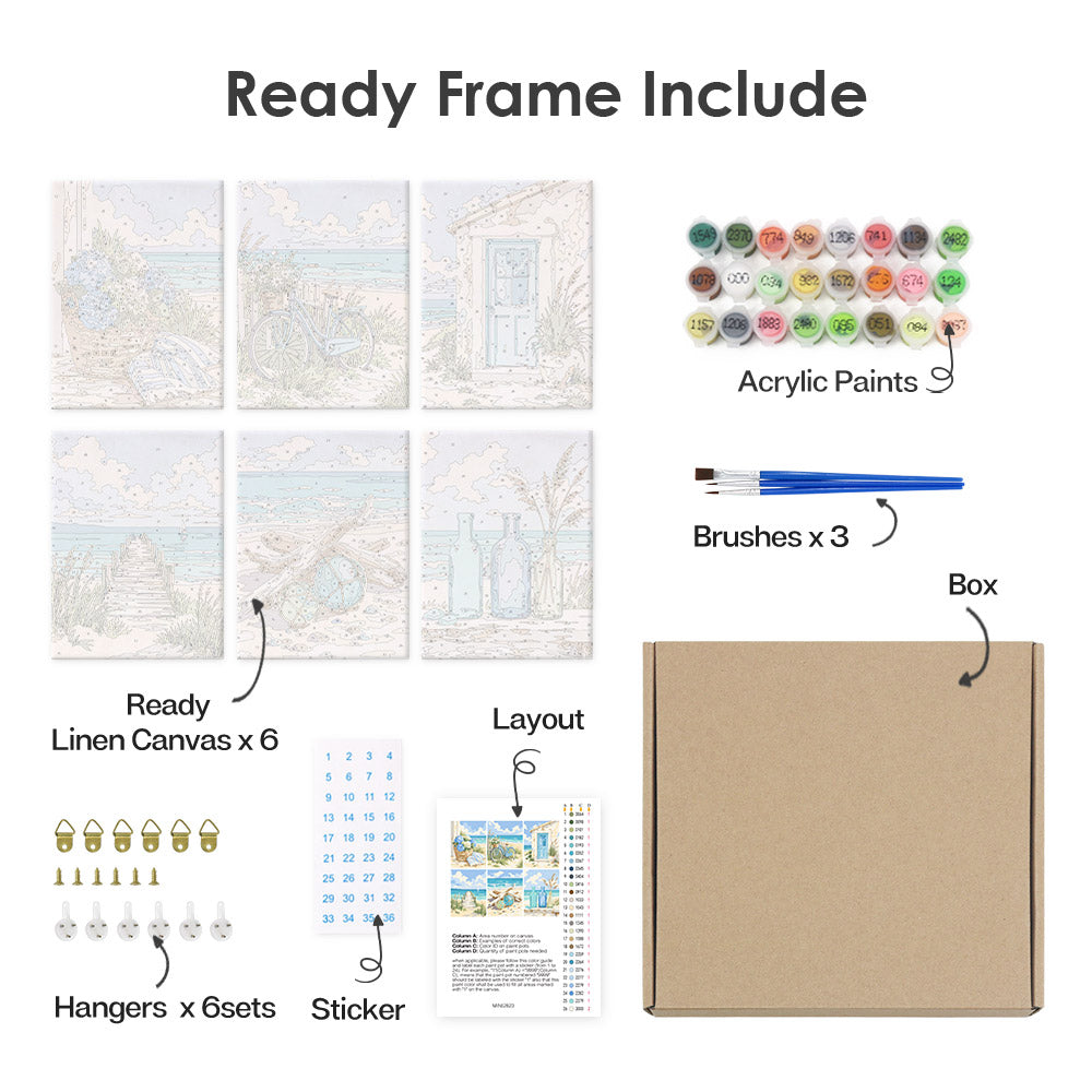 What's included pre-stretched on frame: six framed Coastal Whites mini canvases, paints, three brushes, hangers and layout