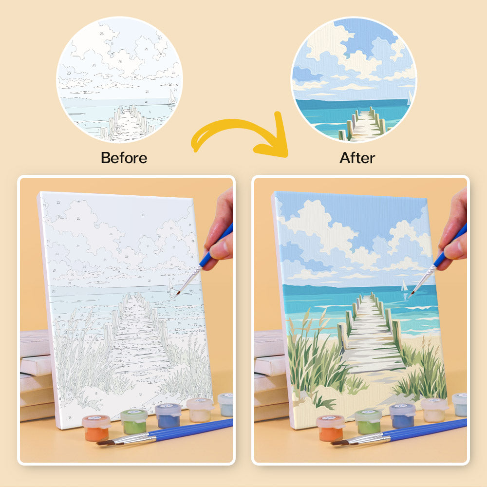 Before and after of a Coastal Whites mini paint by numbers canvas